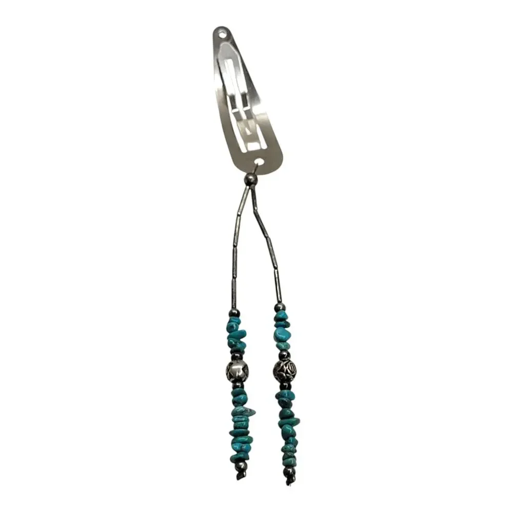 Vintage Southwestern Turquoise Bead Snap Hair Clip Barrette Dangle Boho Y2K 90s